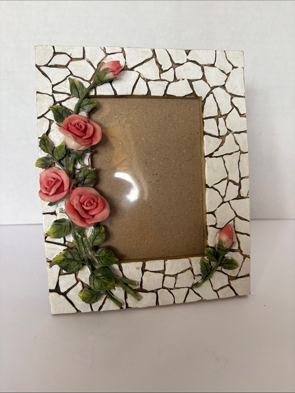 Vintage 3D Pink Rose Ceramic Mosaic Picture Frame Shabby Chic Cottagecore Decor